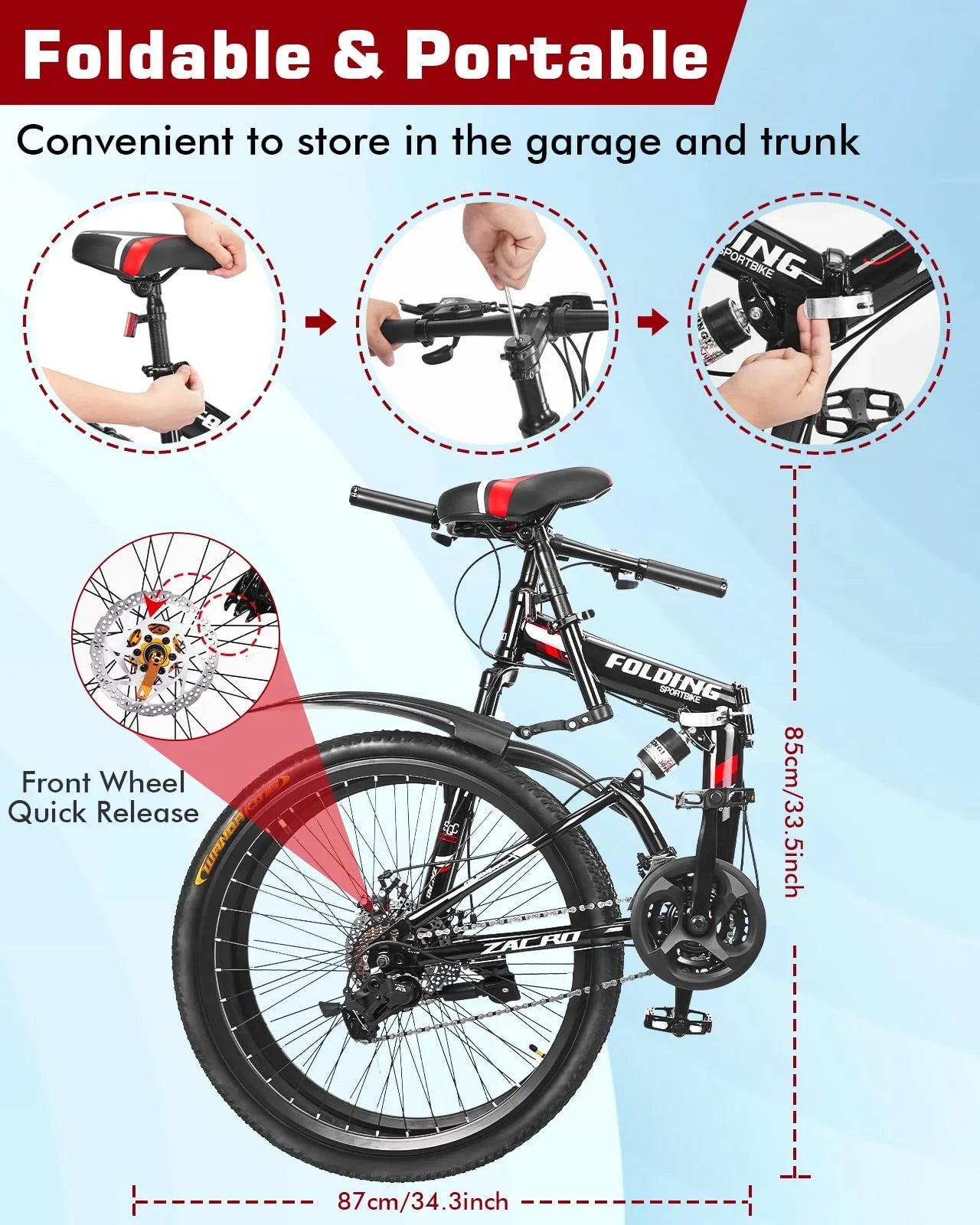 Zacro 26 Inch Folding Mountain Bike, Upgraded 24 Speed/Carbon Fiber Wheels MTB Bicycle, Shock Absorbers High-Carbon Steel & Dual Disc Brake City Road Bikes, Red