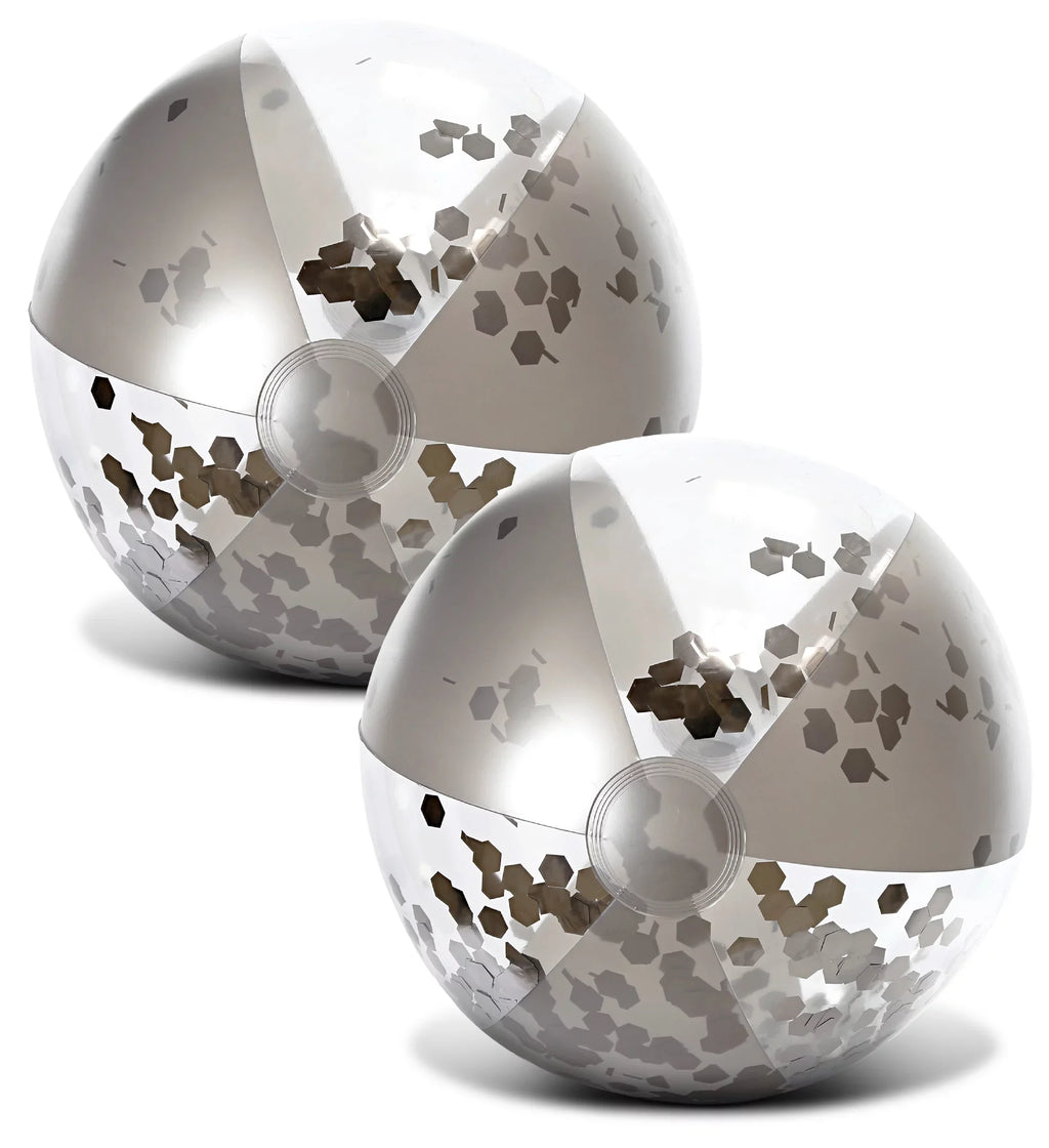 Mozlly Bundle of Silver & Gold Inflatable Beach Balls Set of 4 - Premium Heavy Duty Confetti Pool Balls, Size 16 Inch, Fun Water Pool Float Toys for Beach, Lake, Party, Vacation, Decor - 4 Pack
