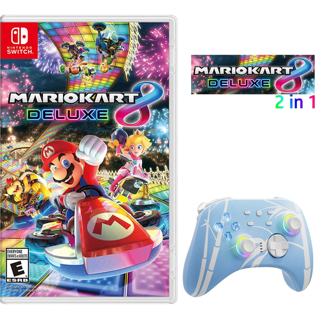Mario Kart 8 Deluxe Game Disc and Upgraded Switch Pro Controller for Nintendo Switch/PC/IOS/Android/Steam with Hall Effect Joysticks Triggers Pink, 2 Pairs of Joysticks