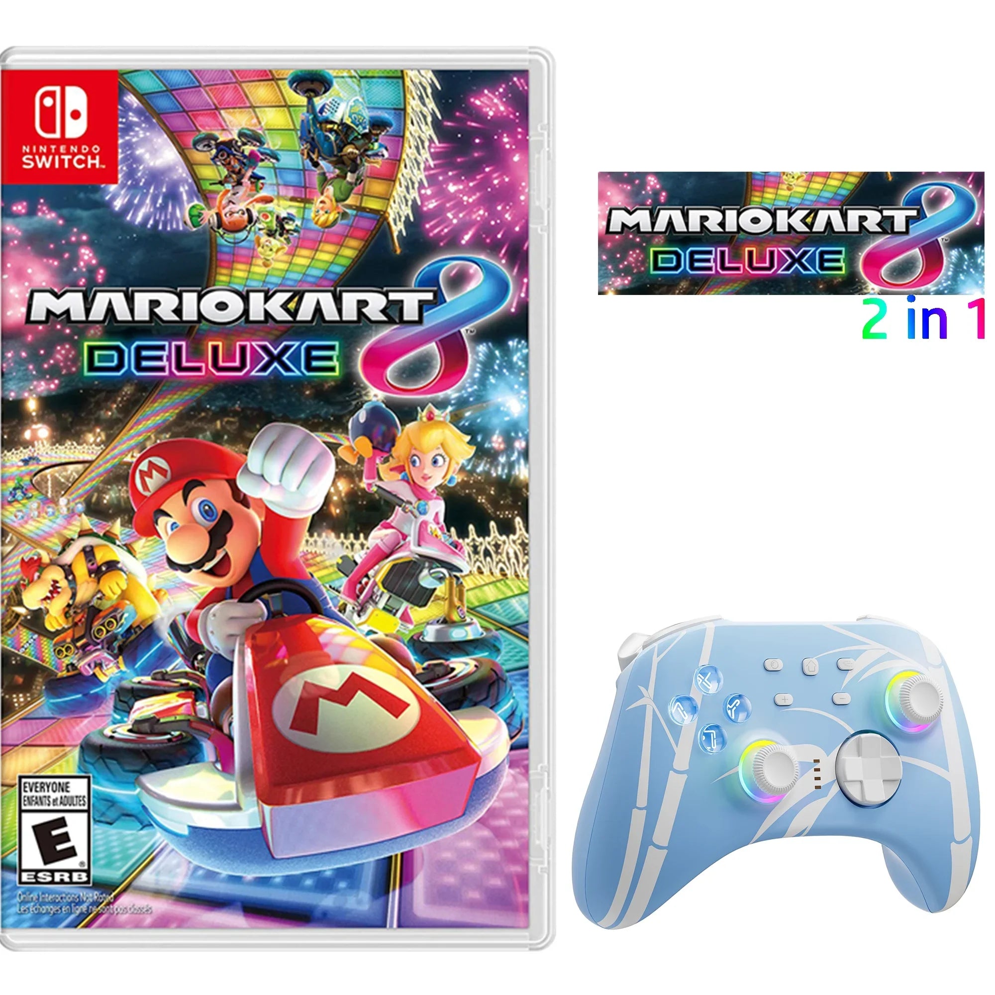 Mario Kart 8 Deluxe Game Disc and Upgraded Switch Pro Controller for Nintendo Switch/PC/IOS/Android/Steam with Hall Effect Joysticks Triggers Pink, 2 Pairs of Joysticks