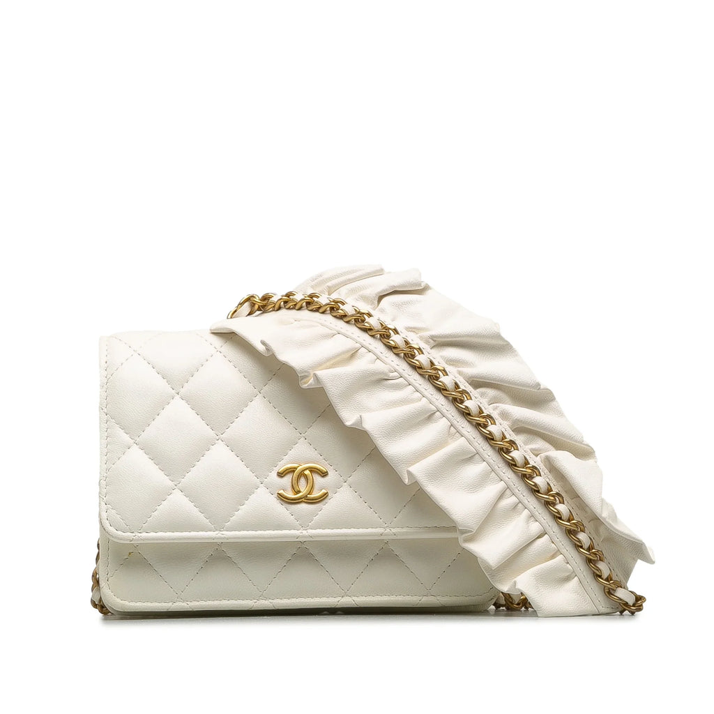 Pre-Owned Authenticated Chanel Romance Lambskin Wallet On Chain Leather White Crossbody Bag Unisex (Good)
