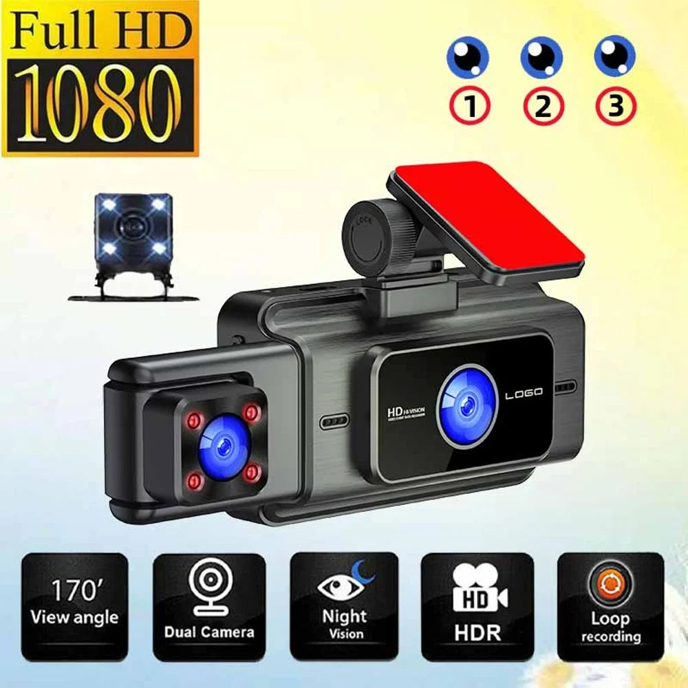 3 Channel Dash Cam Front and Rear Inner 1080p 3 Inches 170° Wide Angle Dashcam, Dash Camera for Cars with 128GB Card, Super Night Vision, G-Sensor, Motion Detection