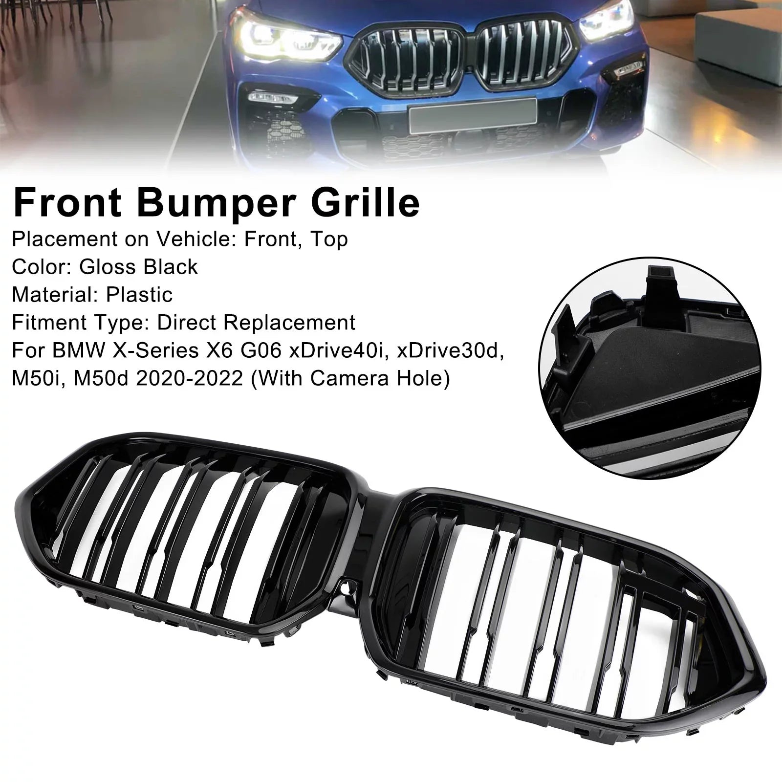 Front Bumper Grille Grill Fit for X6 G06 M50i 2020-2022 W/Camera Hole Jet