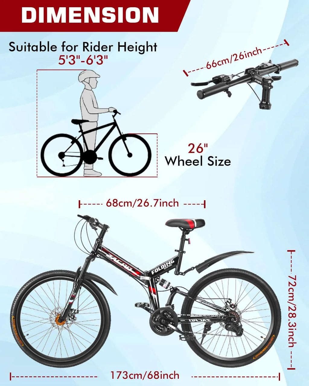 Zacro 26 Inch Folding Mountain Bike, Upgraded 24 Speed/Carbon Fiber Wheels MTB Bicycle, Shock Absorbers High-Carbon Steel & Dual Disc Brake City Road Bikes, Red