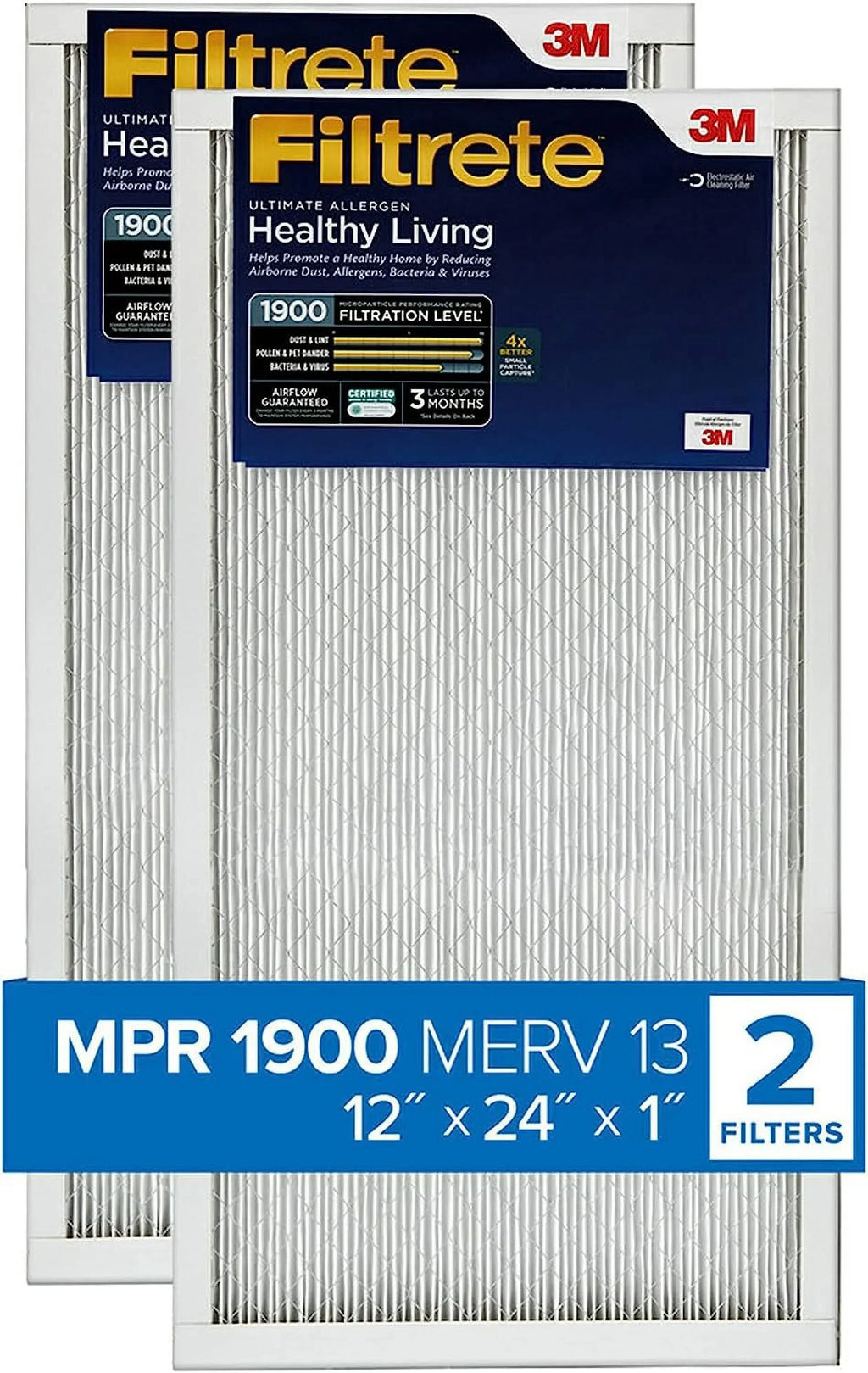 Filtrete 12x24x1 Air Filter, MPR 1900, MERV 13, Healthy Living Ultimate Allergen 3-Month Pleated 1-Inch Air Filters, 2 Filters