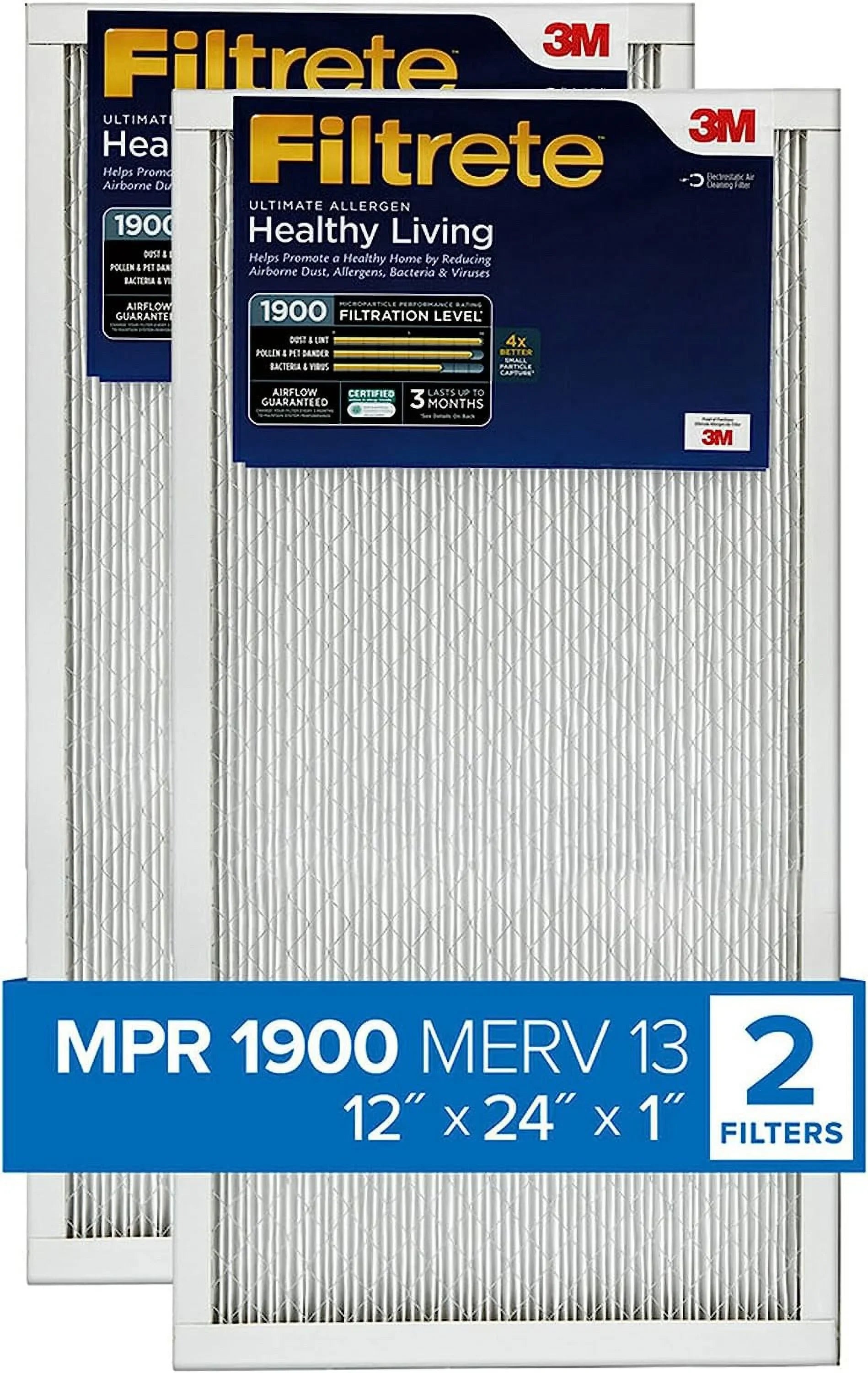 Filtrete 12x24x1 Air Filter, MPR 1900, MERV 13, Healthy Living Ultimate Allergen 3-Month Pleated 1-Inch Air Filters, 2 Filters