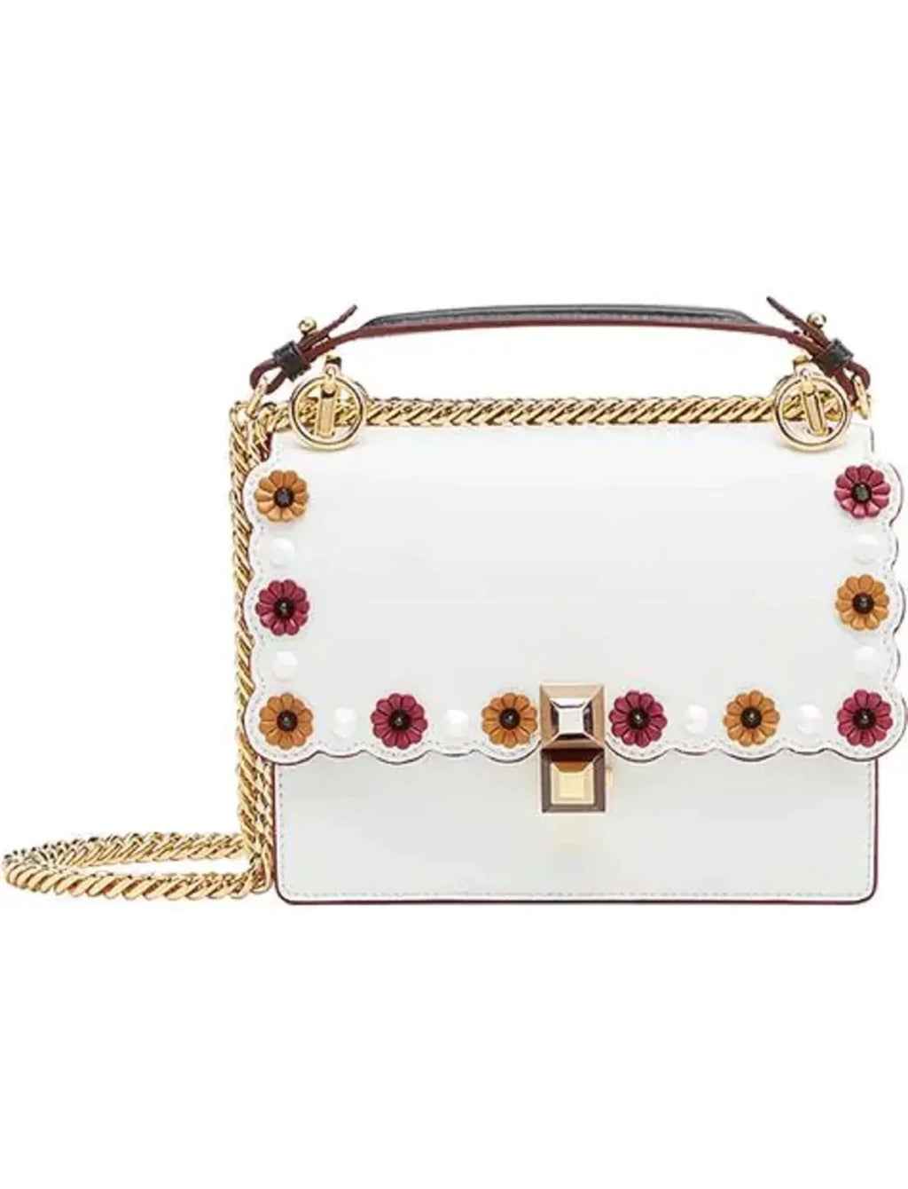 New Fendi Kan I White Multi Color Flowers Leather Chain Bag