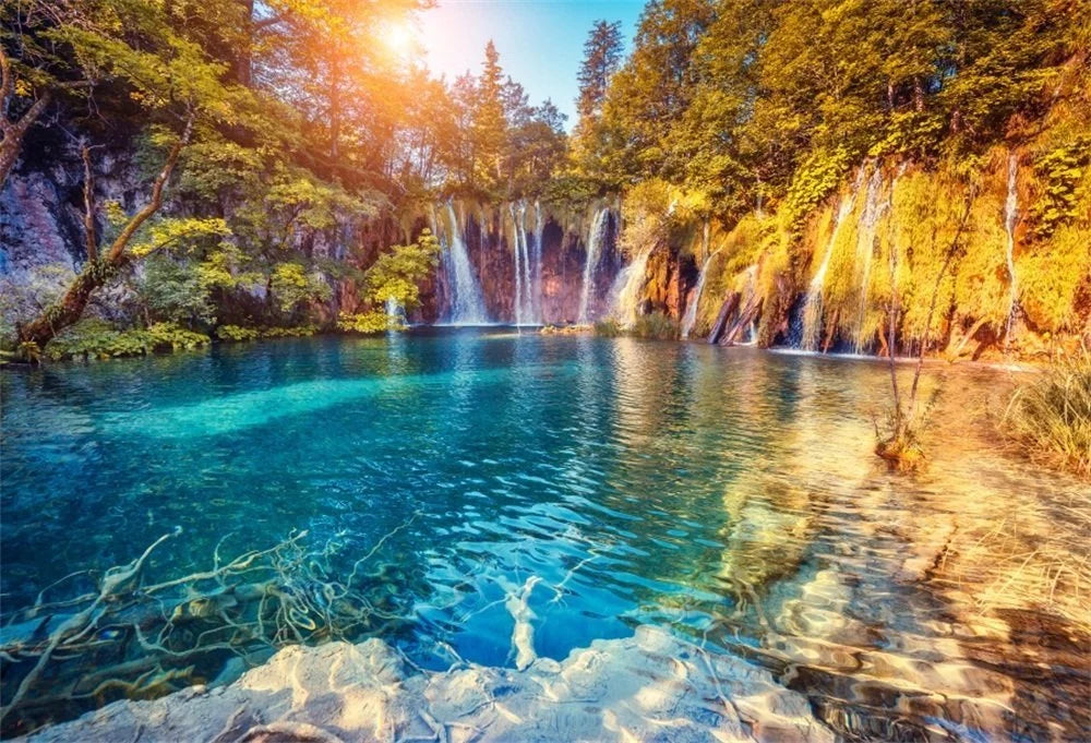 GreenDecor 7x5ft Photography Background Beautiful Autumn Scenery Loveliest Cascades Water and Mountain Trees Waterfall Nature View Backdrops Portraits Shooting Video Studio Props