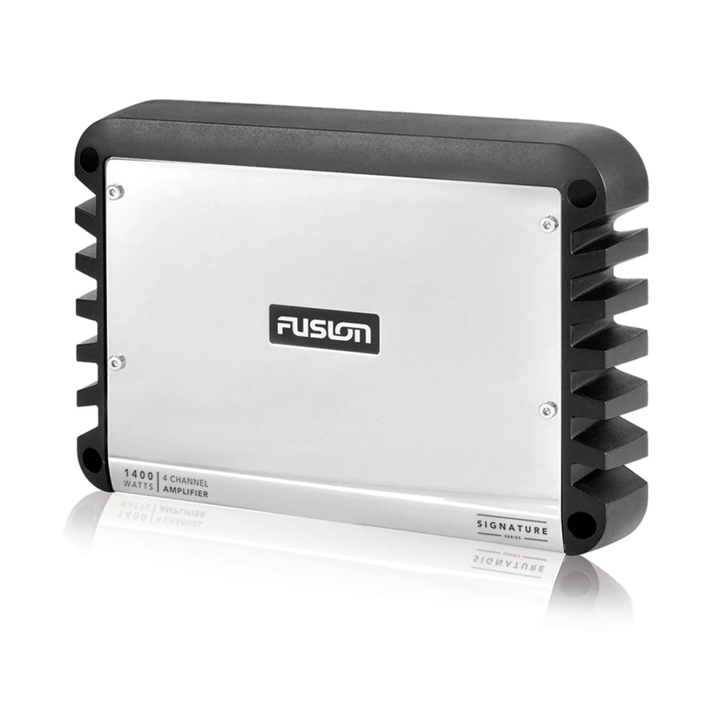 Fusion SG-FLT772SPW 7.7'' Sports White Tower Speaker with Fixed Clamps and SG-DA41400 4-Channel Amplifier