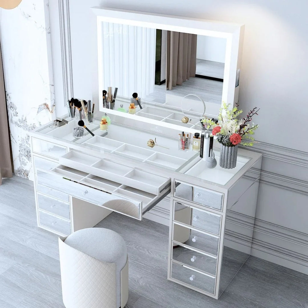 Impressions Vanity Makeup Mirror Liane V. Pro with Speakers and Dimmer Switch, Lighted Desk Mirror with Outer Metal Frame and 3X Magnified Mirror for Tabletop or Wall Mount (White)