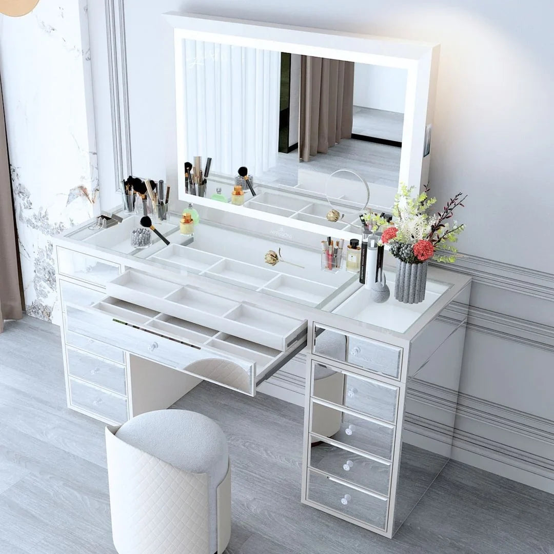 Impressions Vanity Makeup Mirror Liane V. Pro with Speakers and Dimmer Switch, Lighted Desk Mirror with Outer Metal Frame and 3X Magnified Mirror for Tabletop or Wall Mount (White)