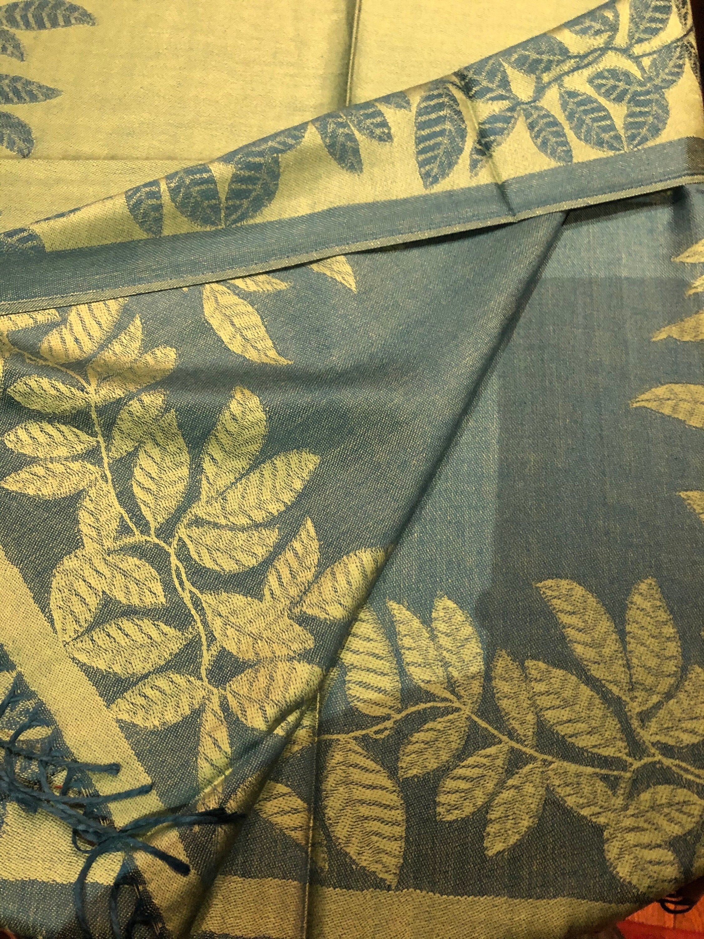 Vintage Teal blue and Green Vine Brocade Reversable Pashmina Scarf Wrap shawl