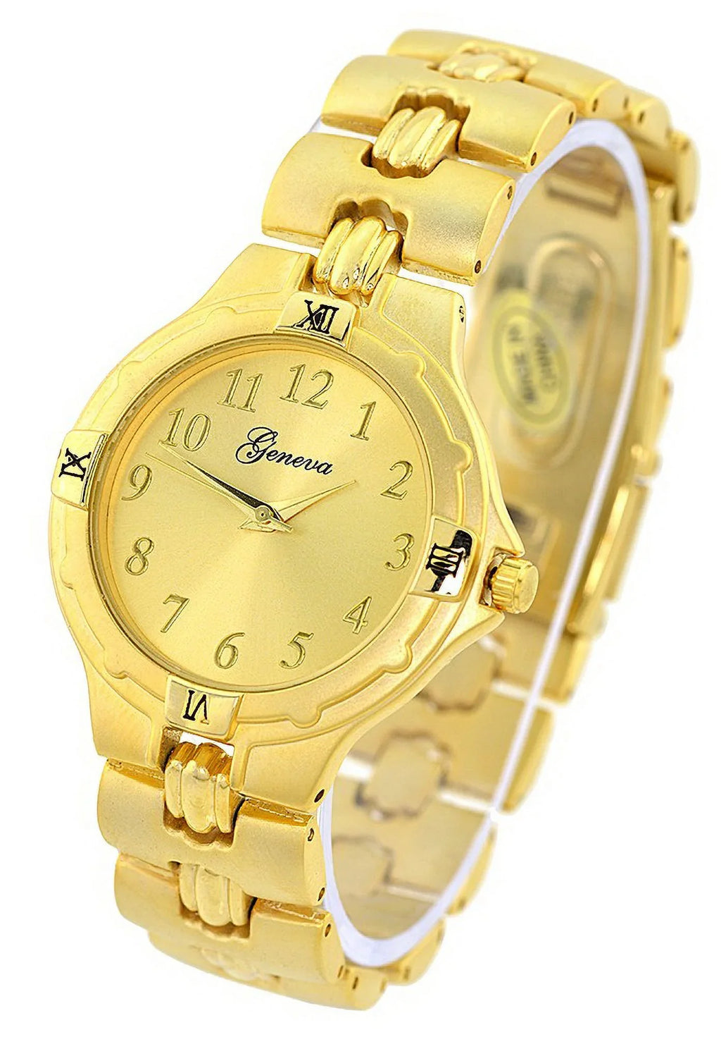 Ladies Silver-Tone Fashion Desiger Styling watch 38mm 7.5 thick case. Gold-Tone dial, 17mm wide Gold-tone metal link bracelet fits 7.5 wrists