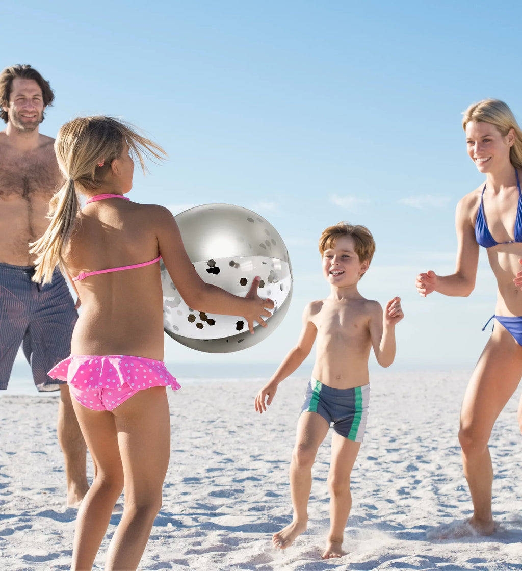 Mozlly Bundle of Silver & Gold Inflatable Beach Balls Set of 4 - Premium Heavy Duty Confetti Pool Balls, Size 16 Inch, Fun Water Pool Float Toys for Beach, Lake, Party, Vacation, Decor - 4 Pack
