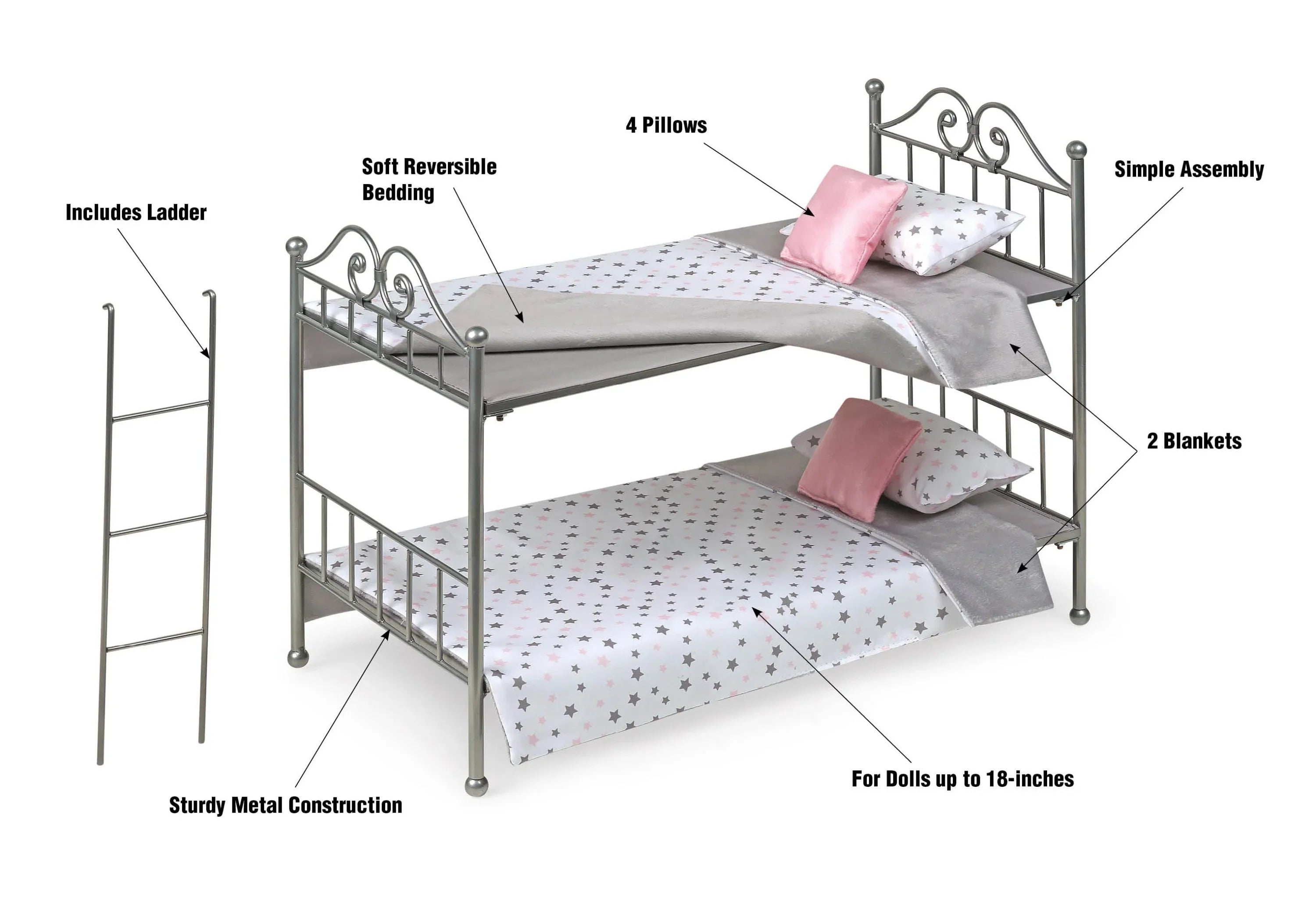 Badger Basket Scrollwork Metal Bunk Bed with Ladder, Bedding for 18 inch Dolls - Silver/Pink