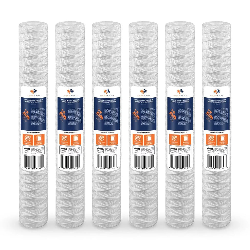 Aquaboon 5 Micron 20" x 2.5" String Wound Sediment Water Filter Cartridge | Universal Replacement for Any 20 inch RO Unit | Compatible with 101-230, PD-5-20, AP110-2C, P5-20, CFS124-C20, 6-Pack