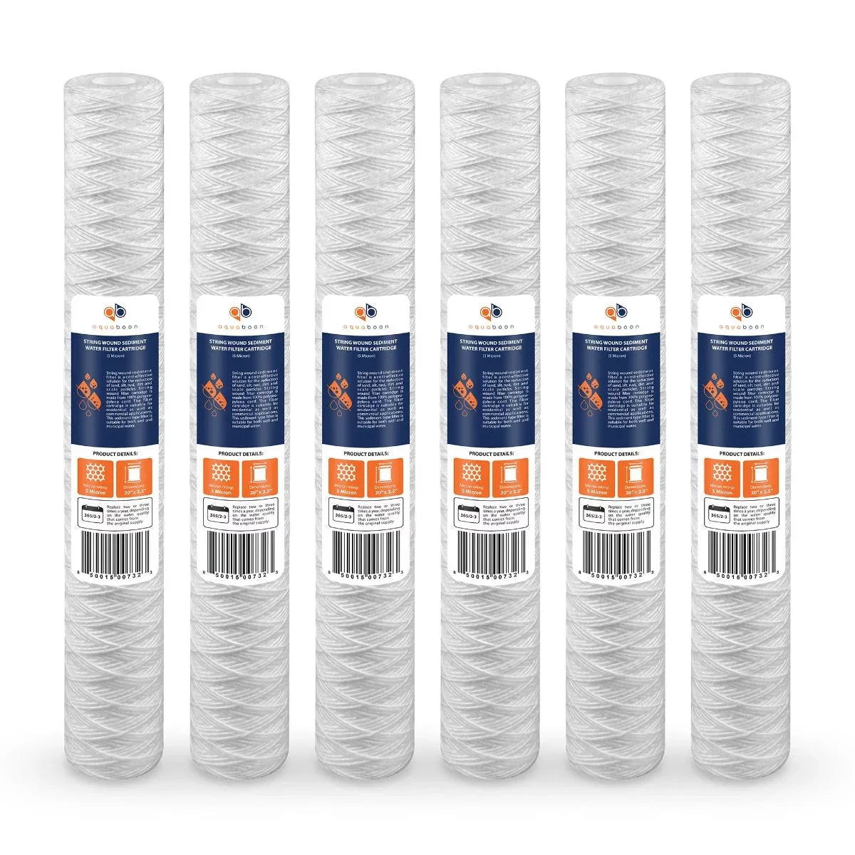 Aquaboon 5 Micron 20" x 2.5" String Wound Sediment Water Filter Cartridge | Universal Replacement for Any 20 inch RO Unit | Compatible with 101-230, PD-5-20, AP110-2C, P5-20, CFS124-C20, 6-Pack