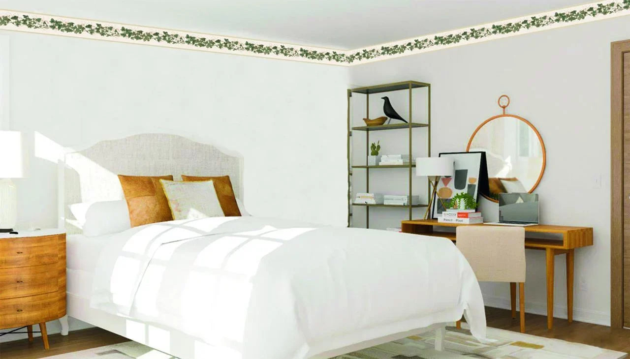 Dundee Deco's Peel and Stick Wallpaper Border - Abstract Green Beige Leaves on a Vine Wall Border Retro Design, 15 ft x 7 in, Self Adhesive