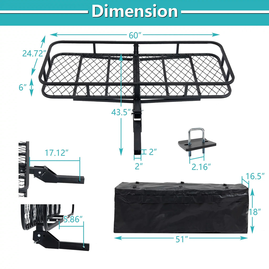 60" x 24" x 6" Hitched Mounted Folding Cargo Basket with a 500 lb Capacity for Car SUV Truck Trailer, Jet