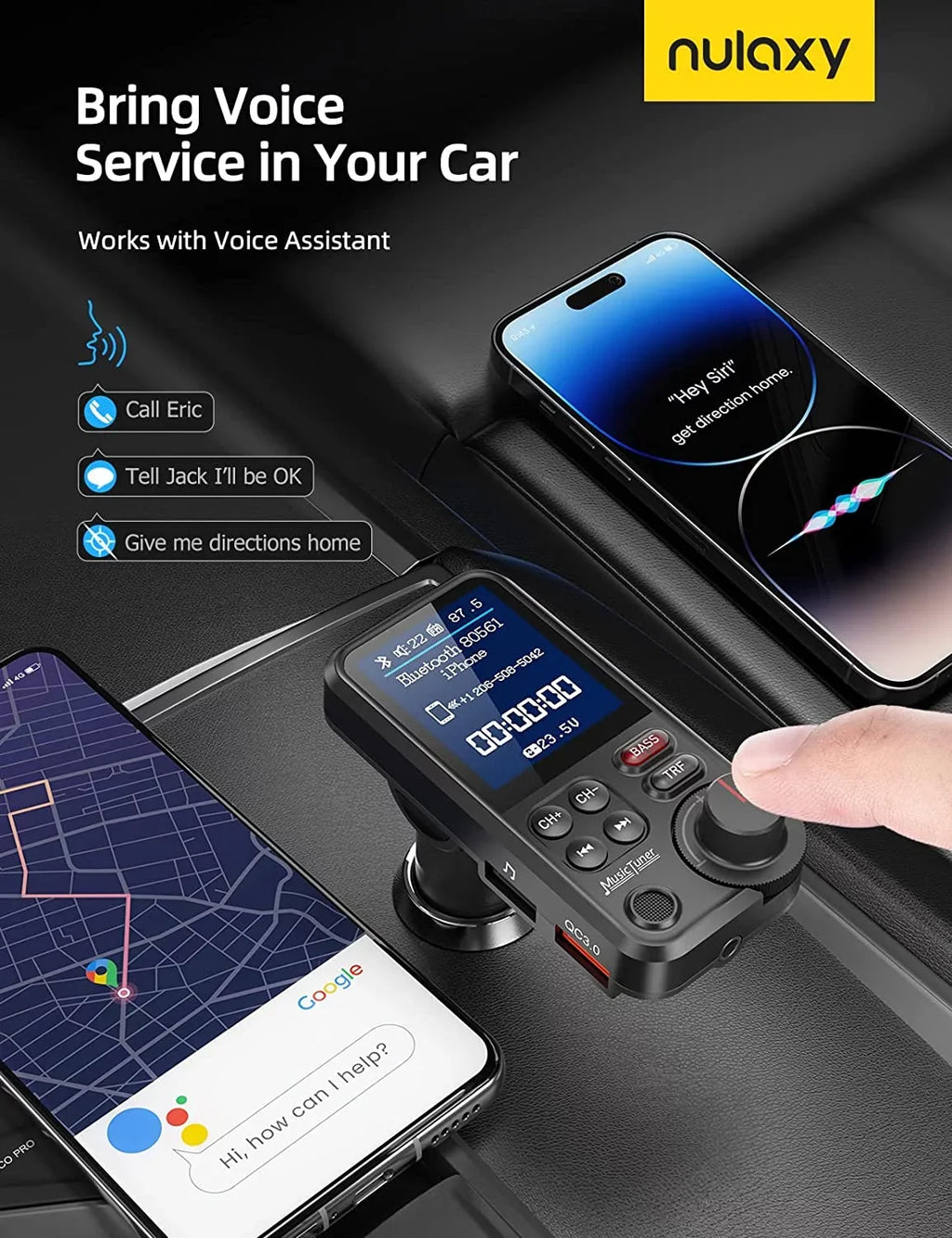FM Bluetooth Transmitter for car, Strong Microphone Bluetooth Car Adapter with 1.8" Color Screen for Hands Free Calls, Supports QC3.0 Charging, Treble and Bass Sound Music Player- KM30