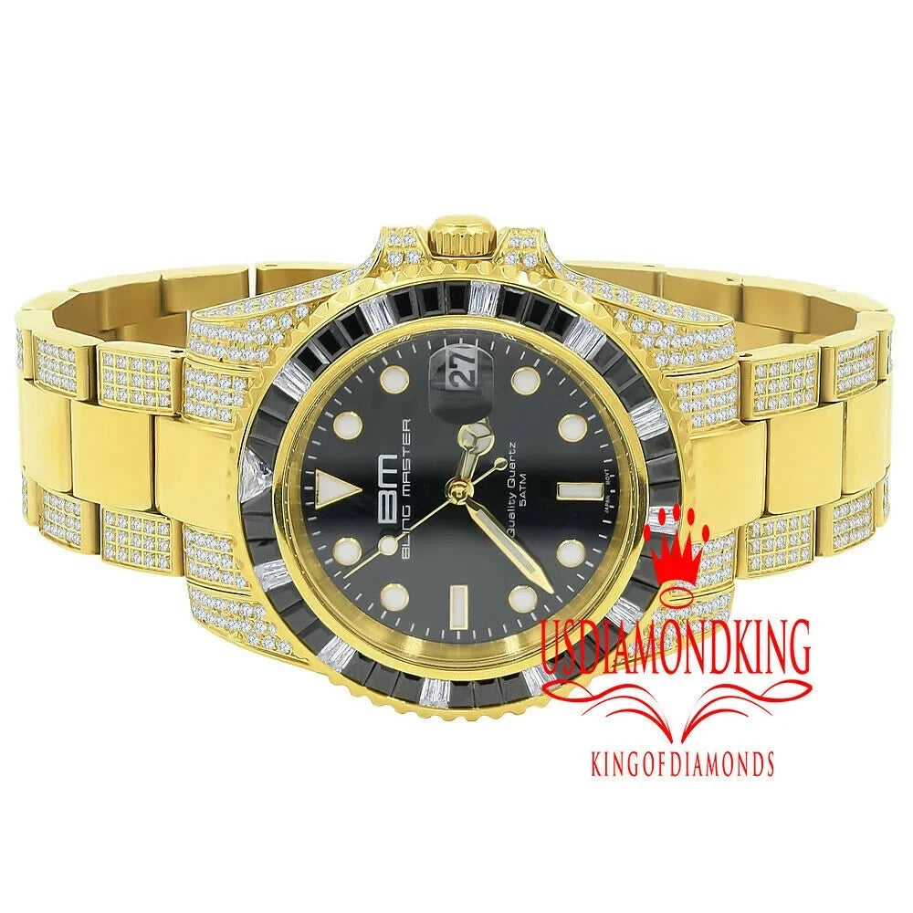 Full Stainless Steel 18K Yellow Gold Simulated Diamond 40 mm Presidential Men's Watch W/Date