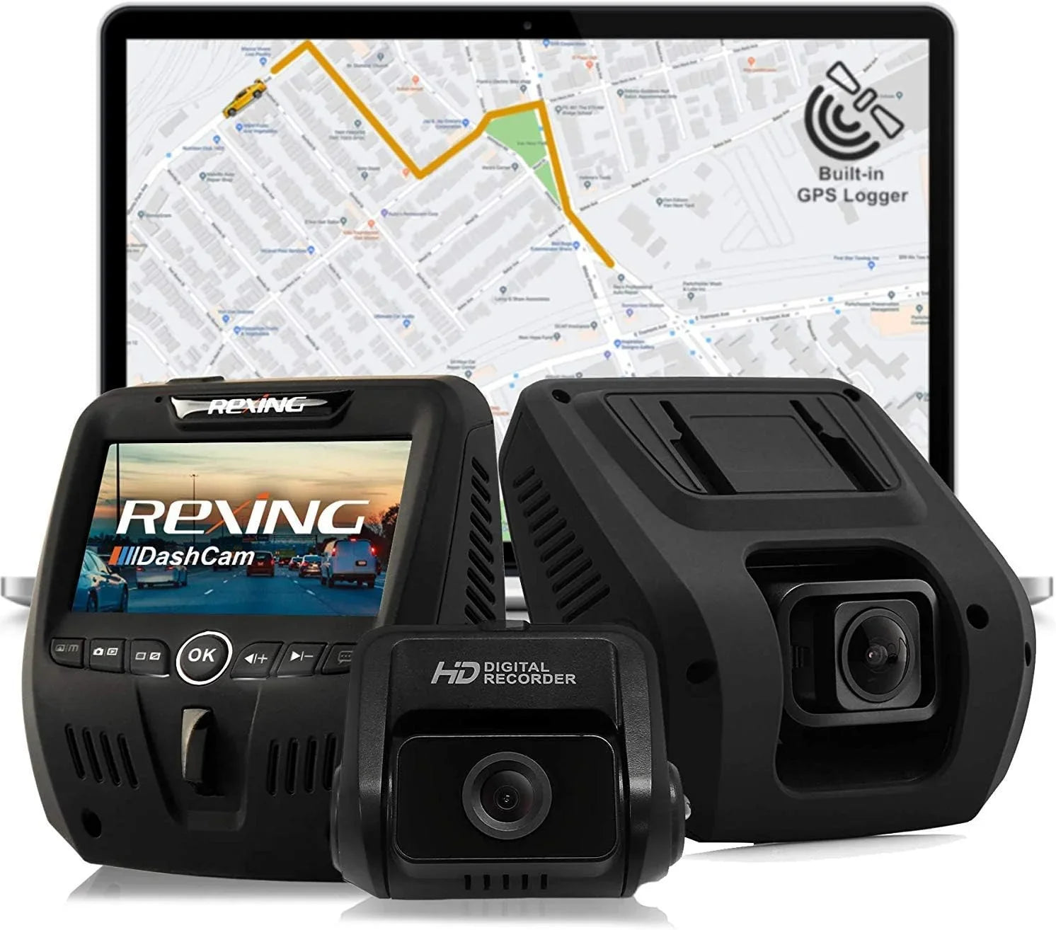 Open Box Rexing V1 Dual Channel Car Dash Cam FHD 1080p - Dark