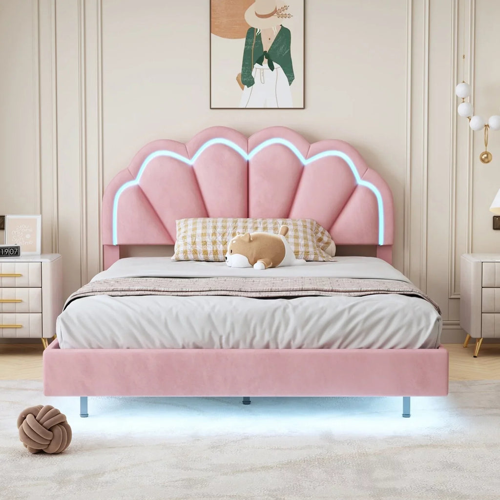 Full Size Smart LED Platform Bed with Wooden Slats Support Beige