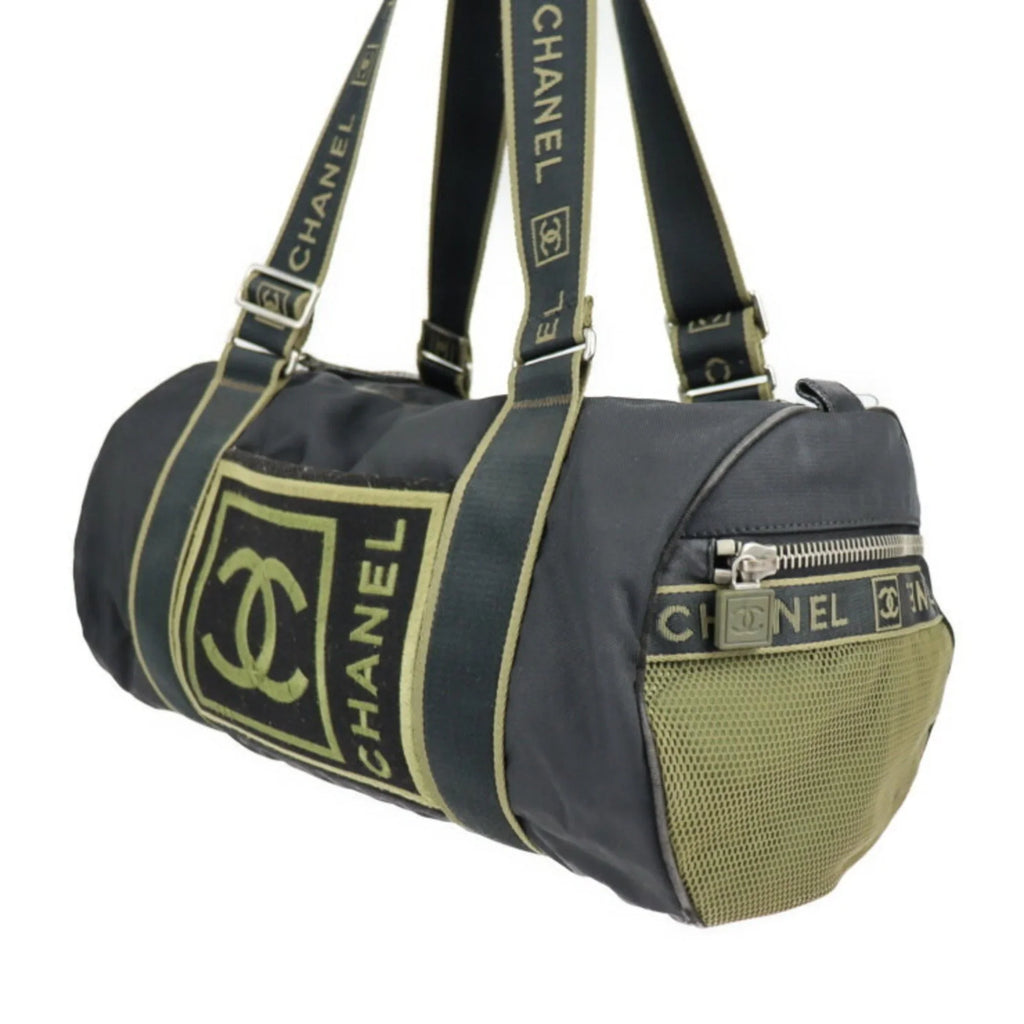 Pre-Owned CHANEL Chanel Sport Line Boston Bag Nylon Canvas Jet Khaki Green Shoulder Travel Cocomark 10 Series Round Cylindrical (Fair)