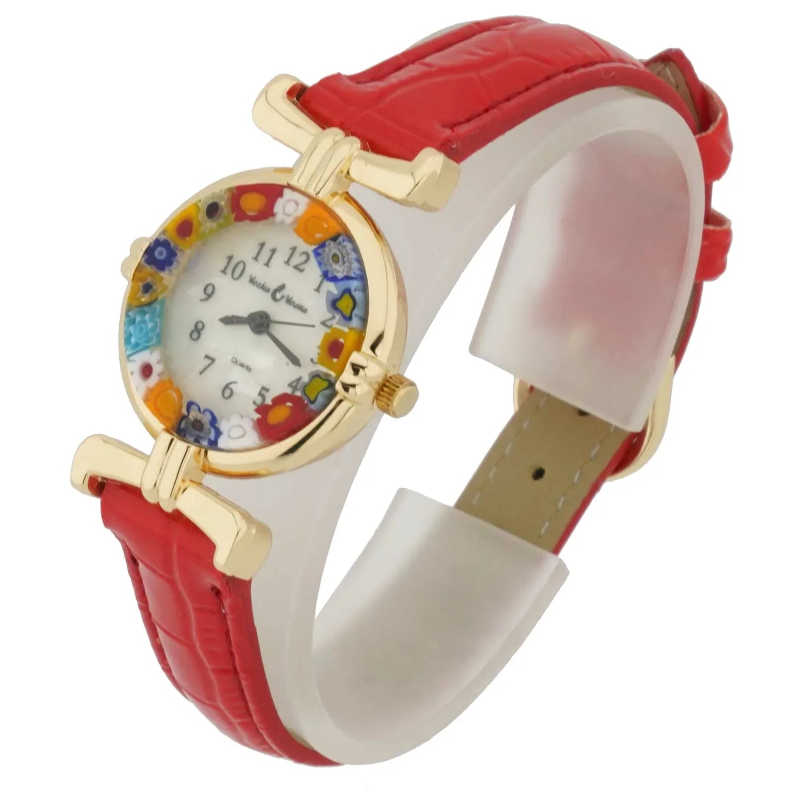 GlassOfVenice Murano Glass Millefiori Watch with Leather Band - Red Multicolor