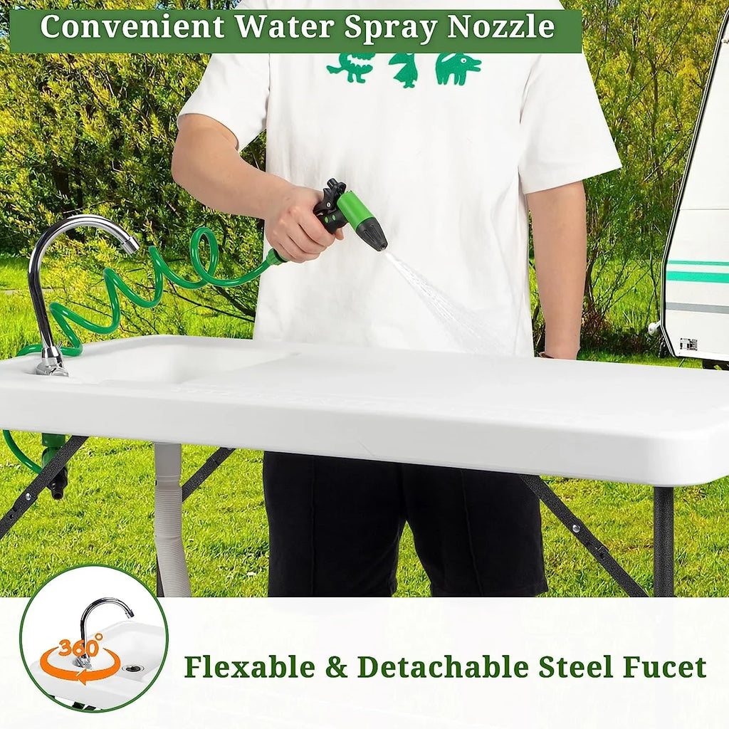 VINGLI Upgarded Folding Fish Cleaning Table with Sink, Portable Camping Sink Table with Grid Rack & Sprayer, Fish Fillet Cutting Table with Drainage Hose for Patio Backyard BBQ