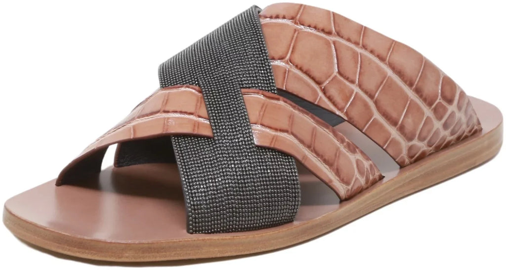 Brunello Cucinelli Women's Lizard-Effect Metallic Sliders Dark / Snake Leather Sandal - 7 M