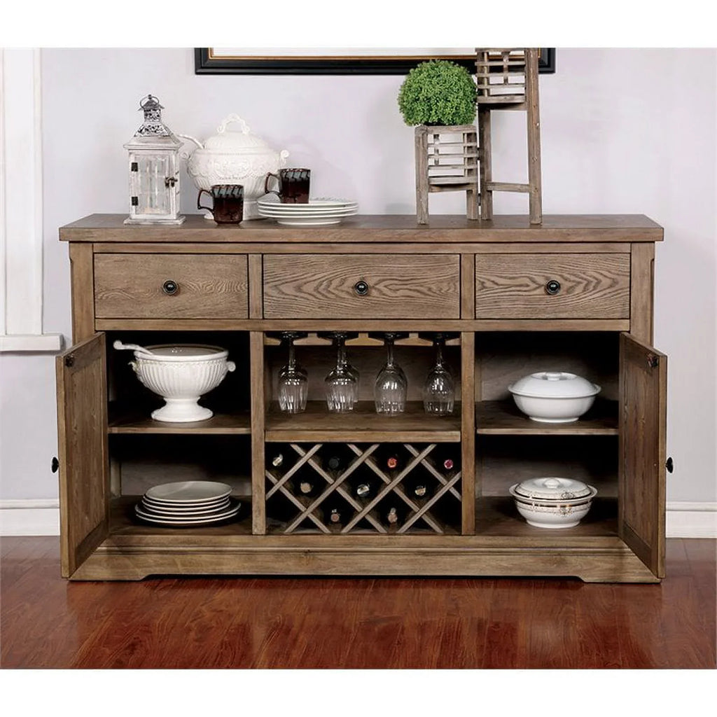 Furniture of America Kora Rustic Wood Multi-Storage Buffet in Light Oak