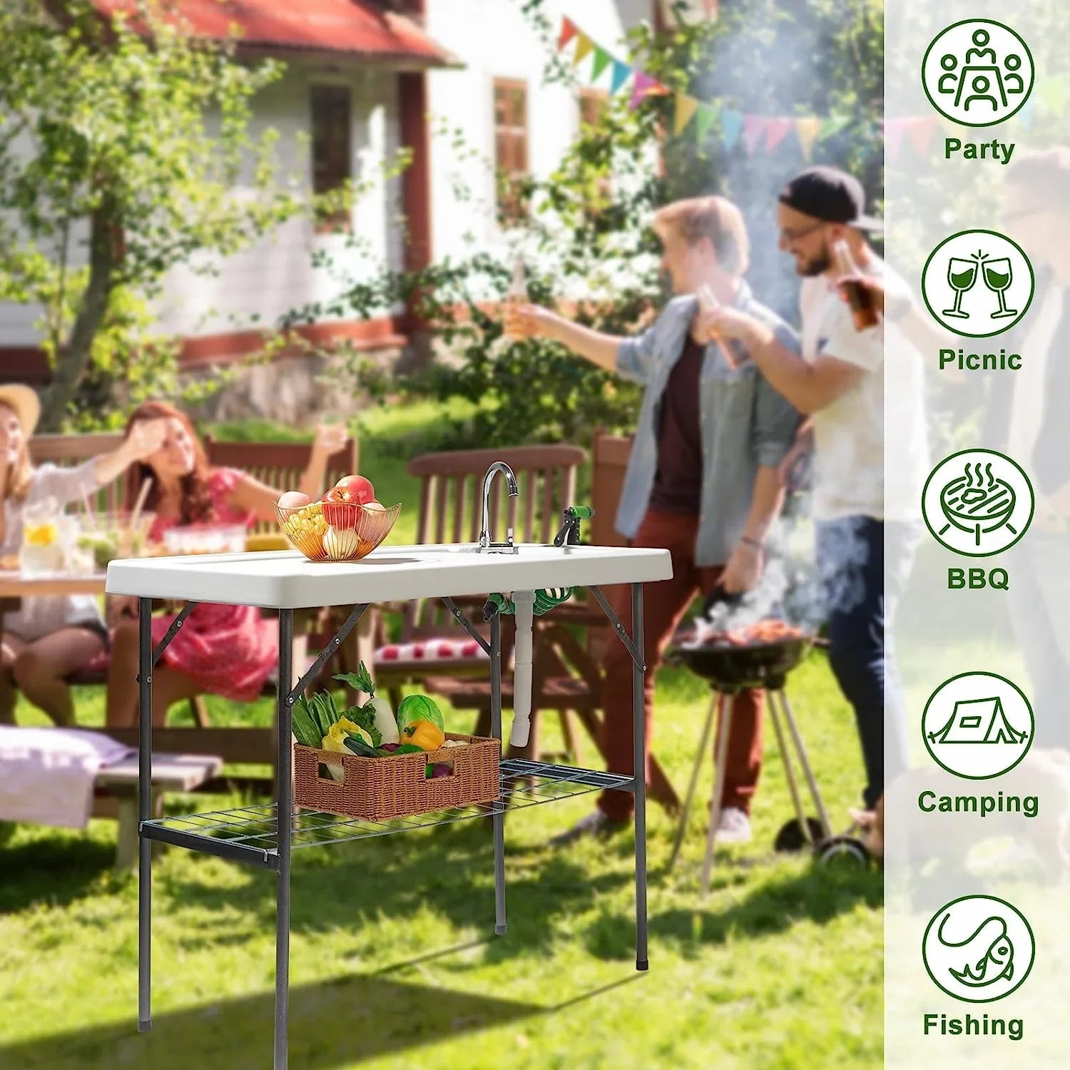 VINGLI Upgarded Folding Fish Cleaning Table with Sink, Portable Camping Sink Table with Grid Rack & Sprayer, Fish Fillet Cutting Table with Drainage Hose for Patio Backyard BBQ