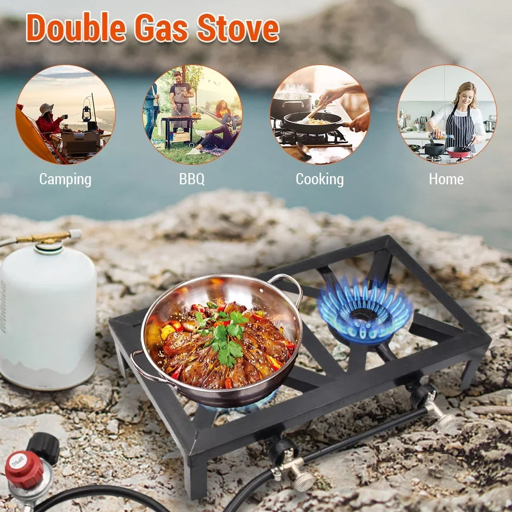 OWSOO Propane Gas Double Cast Iron Stove for Patio Camping BBQ Cooking (Standard), Furnace for Excursions