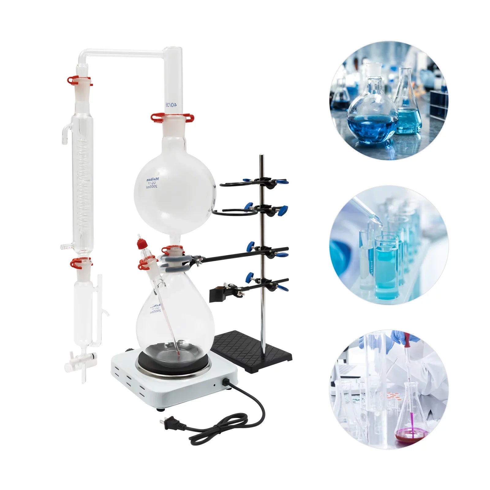 Miumaeov 2000ML Essential Oil Distillation Apparatus with Condenser + Hot Stove + Essential Oil Separator Lab Glass Distillation Kit Steam Water Distiller Purifier
