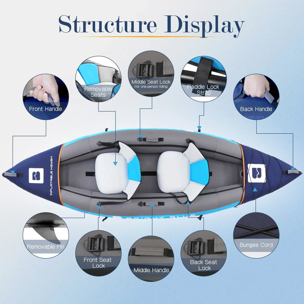 BRIGHT BLUE Inflatable Touring White Water Paddling Kayak 1-2 Persons sit-on with Paddles,Hand Pump,Backpack,Fins