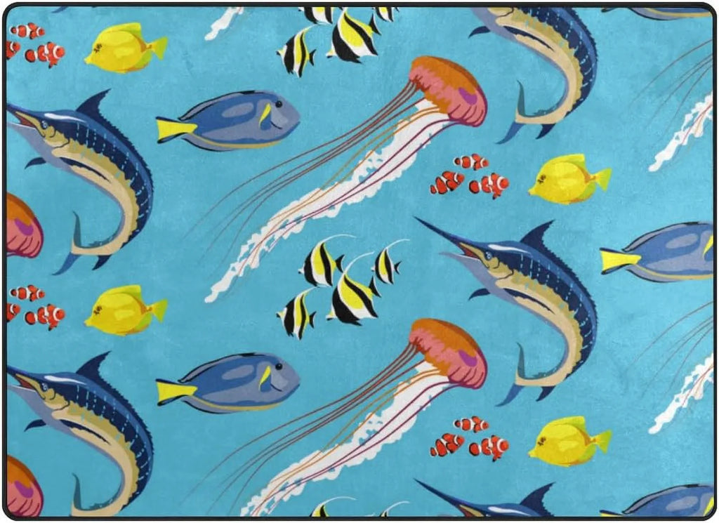 Bestwell Mass Soft Area Rugs Sea Fish Jellyfish Marlin Floor Mat for Kids Playing Room Hardwood Floor Living Room 80 x 58 inch（6'8" x 4'10"） Nursery Rugs Home Decor Gift