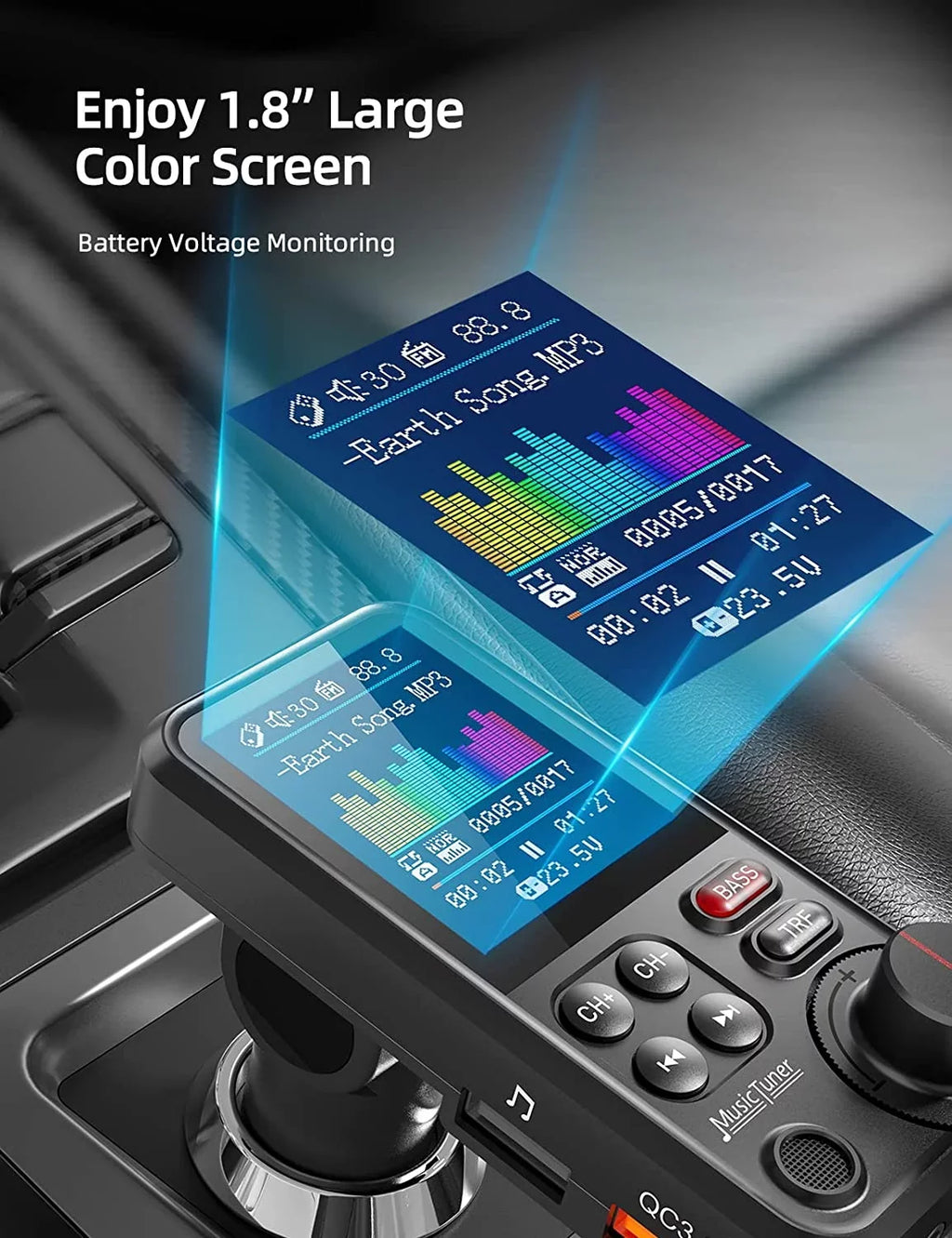 FM Bluetooth Transmitter for car, Strong Microphone Bluetooth Car Adapter with 1.8" Color Screen for Hands Free Calls, Supports QC3.0 Charging, Treble and Bass Sound Music Player- KM30