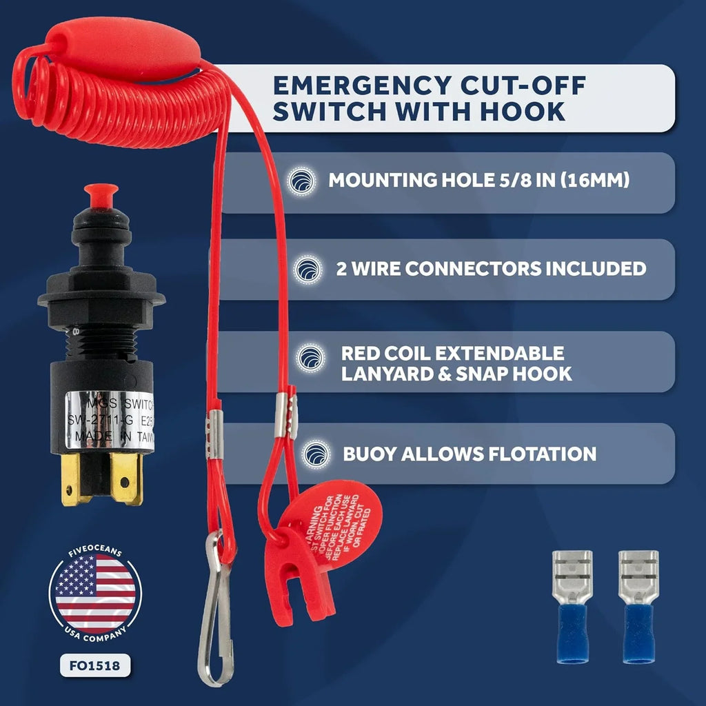 Five Oceans Marine Universal Emergency Cut-Off Switch, Kill Switch, Engine Shut-Off Switch 12VDC, Coil Extendable Lanyard, Snap Hook and Red Buoy, for Jet Ski, Inflatable Boats, ATVs - FO1518