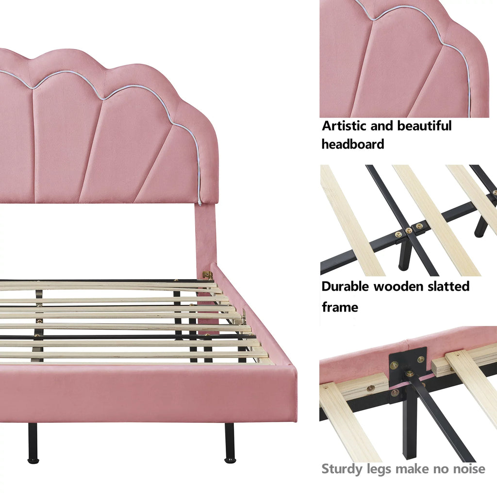 CoSoTower Queen Upholstered Smart LED Bed Frame with Elegant Flowers Headboard,Floating Velvet Platform LED Bed with Wooden Slats Support,Pink