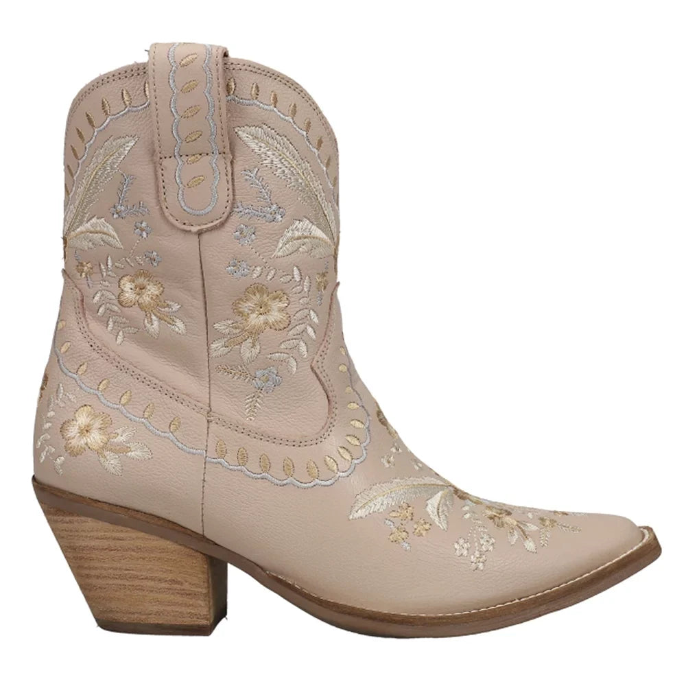 Dingo Womens Primrose Embroidered Floral Snip Toe Casual Boots Ankle Mid Heel 2-3"
