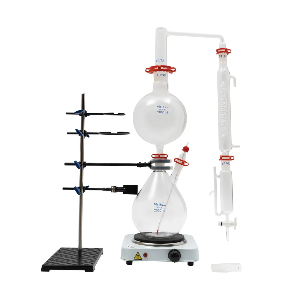 Miumaeov 2000ML Essential Oil Distillation Apparatus with Condenser + Hot Stove + Essential Oil Separator Lab Glass Distillation Kit Steam Water Distiller Purifier