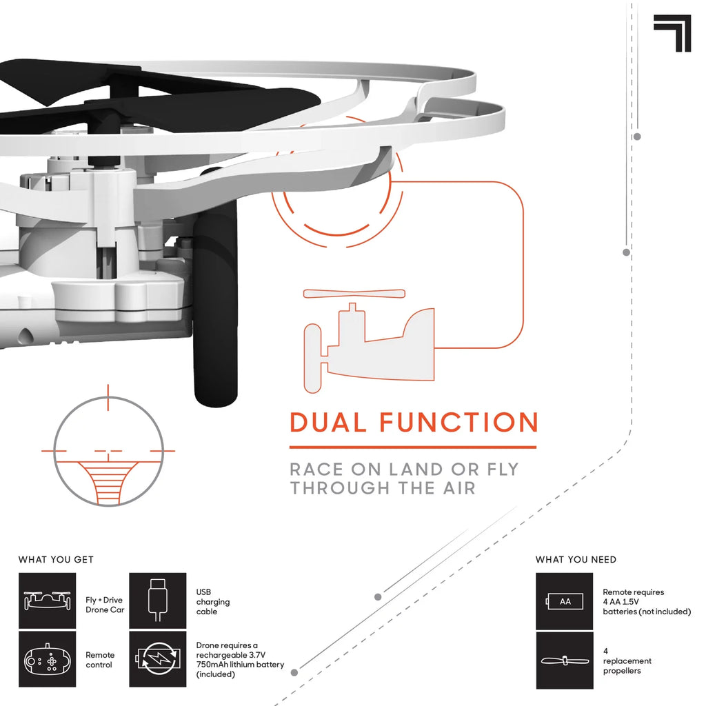 SHARPER IMAGE Rechargeable Dual Function Fly + Drive Drone RC, 250ft Long Range Control and 215ft Max Altitude, 5in