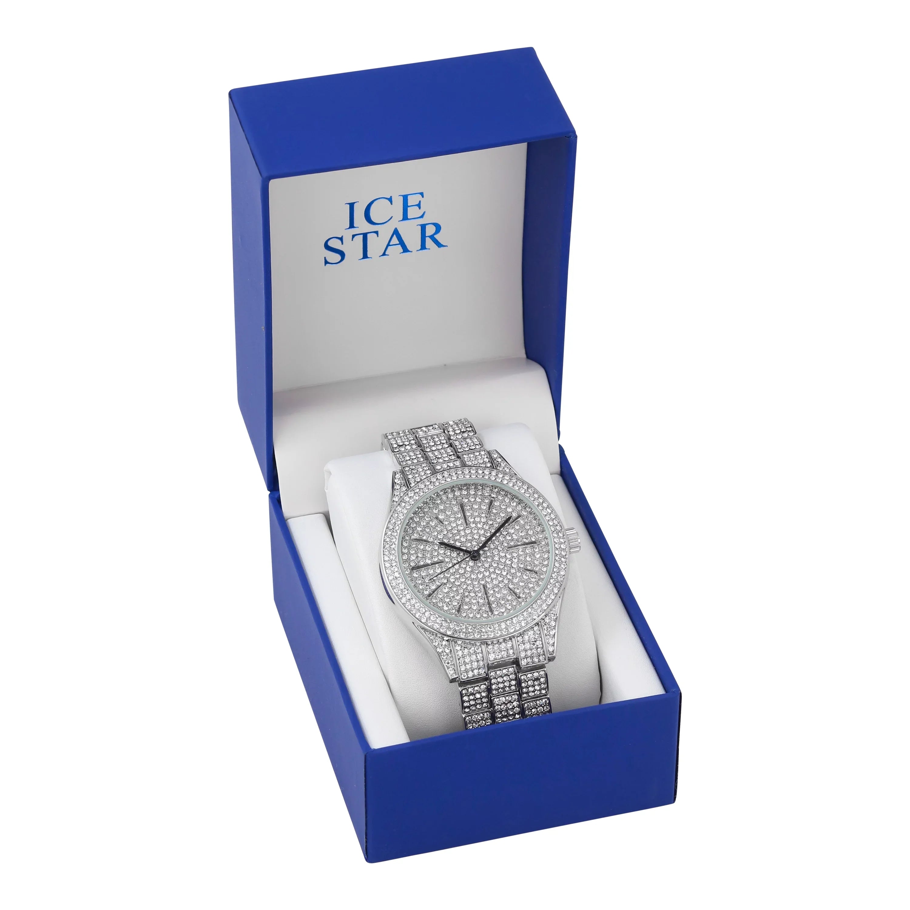 Mens Iced Out 42mm Diamond Watch with Simulated Diamonds and Bling Dial - Bling-ed Out Fully Adjustable Metal Band - Quartz Movement - Silver Tone Finish