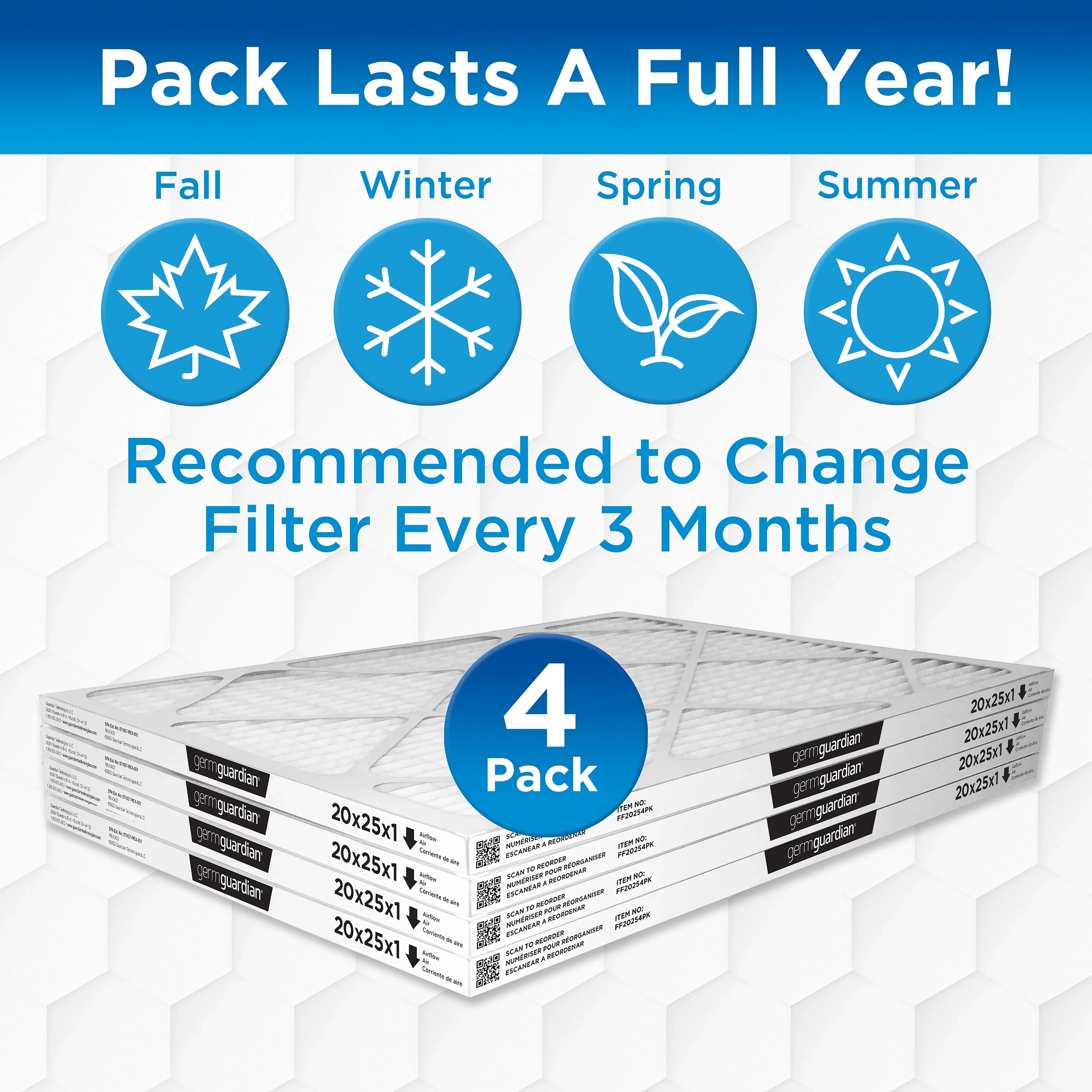 Germ Guardian 20 x 25 x 1 MERV 12 Pleated HVAC AC Furnace Air Filters (4-Pack)