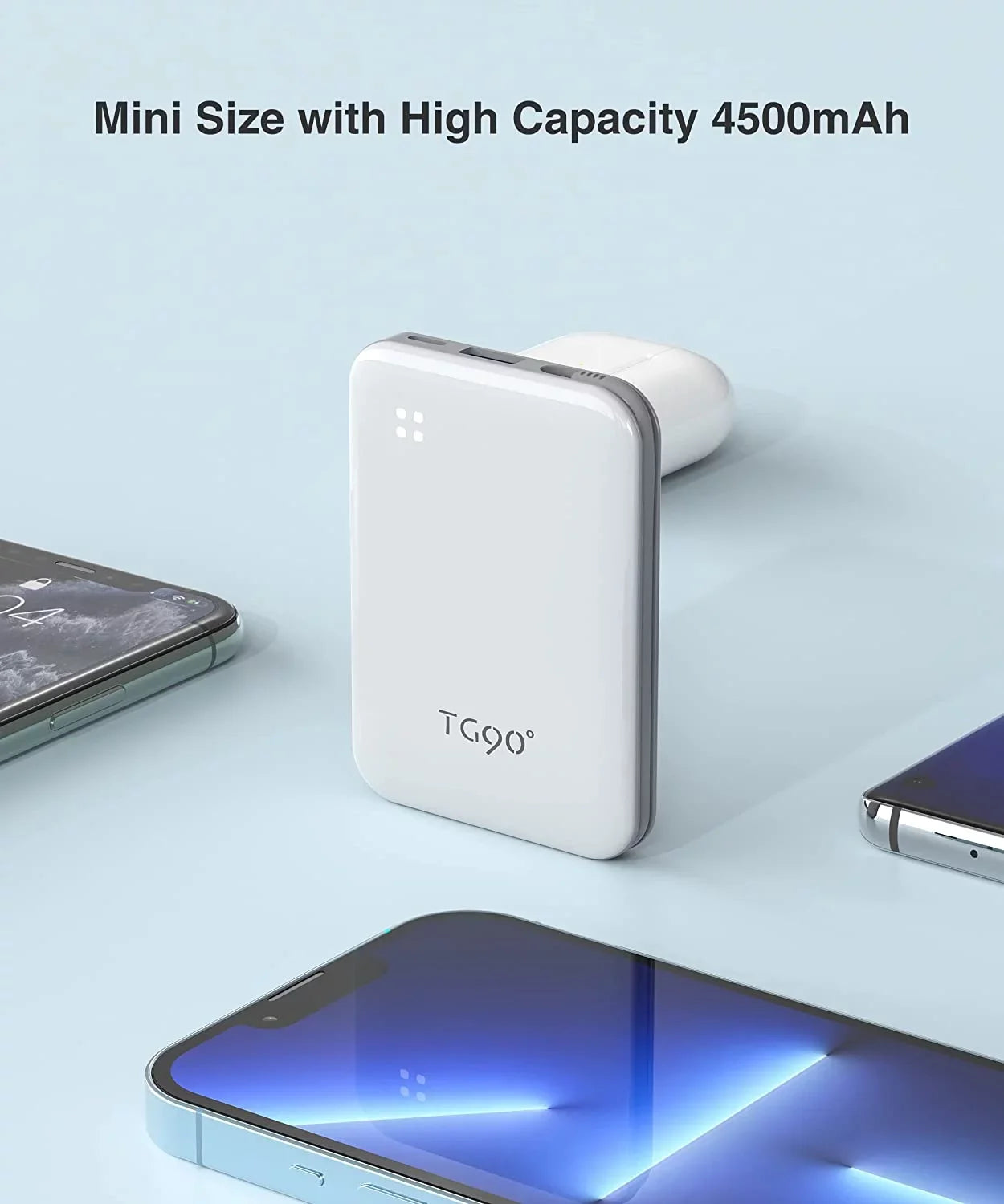 TG90 4500mah Mini Portable Charger with Built-in Cable, Small Power Bank Portable Cell Phone Charger Compatible with iPhone 13/13 Pro Max/12/12 Pro Max/11/11 Pro Max/X/XS/8/7/6/SE and More White