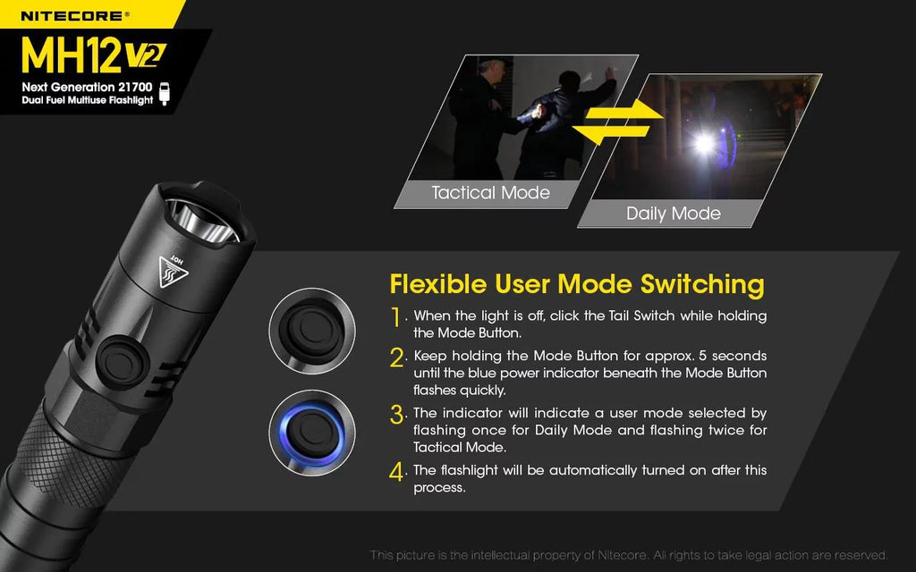 Combo: Nitecore MH12 V2 CREE XP-L2 V6 LED Flashlight -1200 Lumens -21700 Battery (Included) + NL2150i 21700 5000mAh Battery