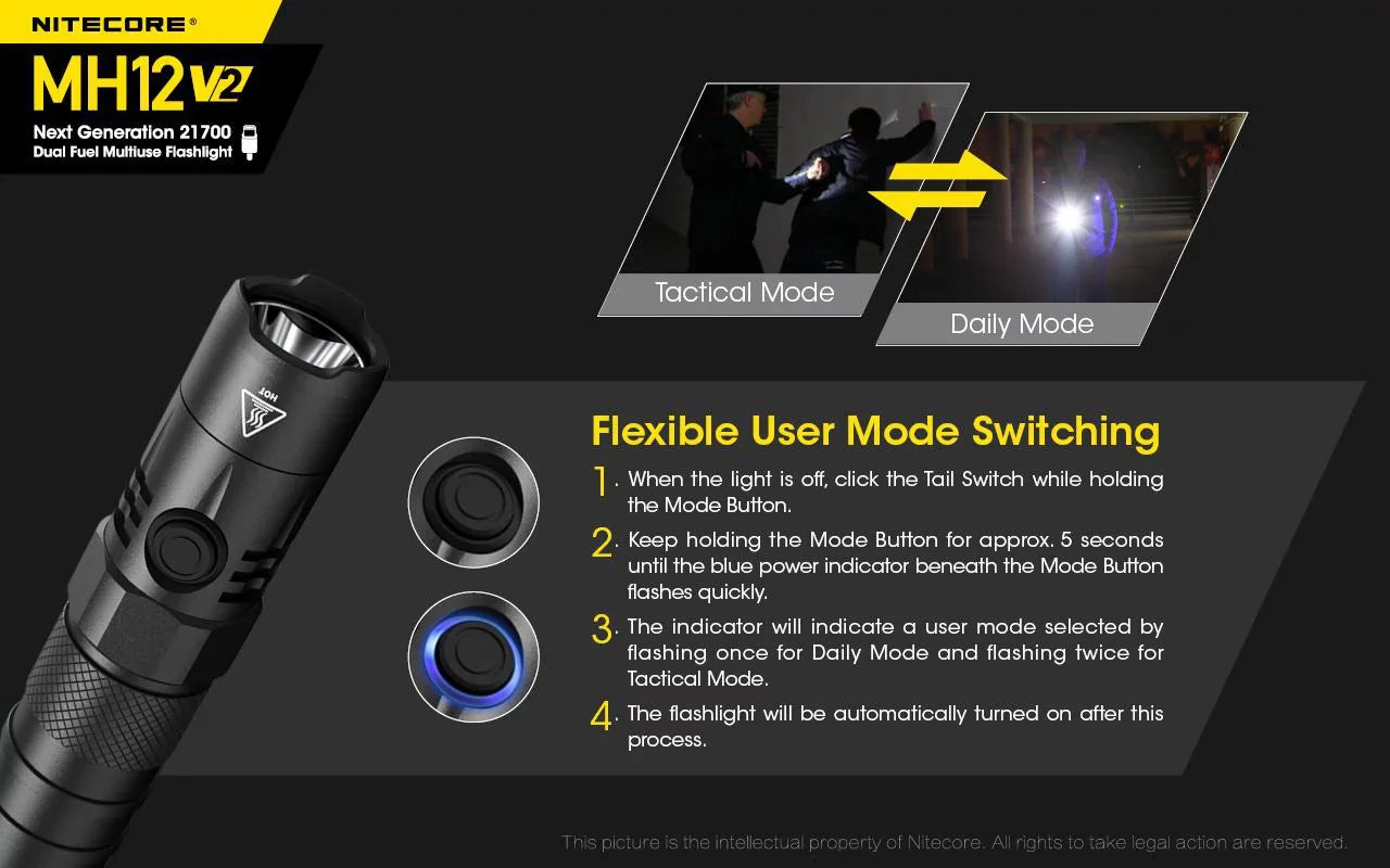 Combo: Nitecore MH12 V2 CREE XP-L2 V6 LED Flashlight -1200 Lumens -21700 Battery (Included) + NL2150i 21700 5000mAh Battery