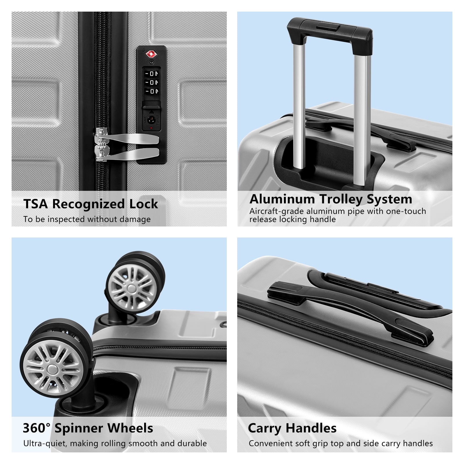 Hikolayae Hardside Spinner Luggage Sets in Silver, 5 Piece - TSA Lock