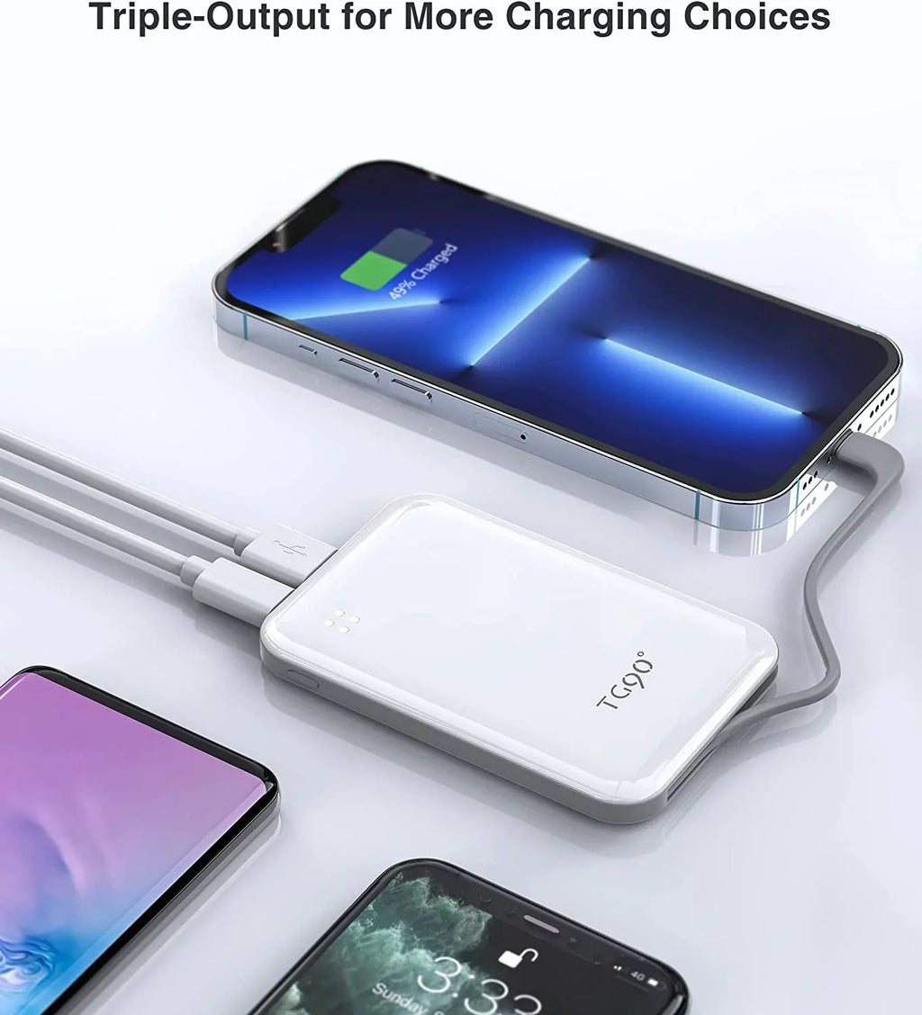 TG90 4500mah Mini Portable Charger with Built-in Cable, Small Power Bank Portable Cell Phone Charger Compatible with iPhone 13/13 Pro Max/12/12 Pro Max/11/11 Pro Max/X/XS/8/7/6/SE and More White